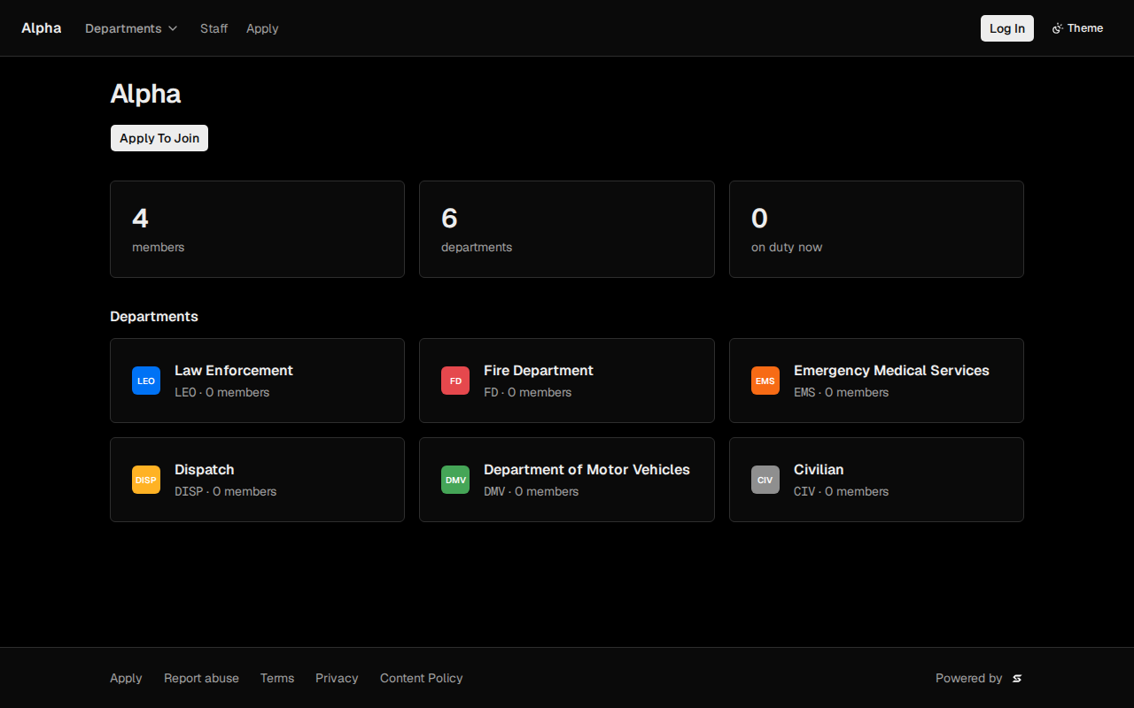 A Statewide community website in dark theme: the community name, an Apply To Join button, member and department counts, and cards for six departments from Law Enforcement to Civilian.